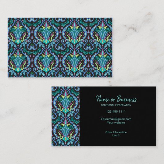 Carte De Visite Moderne Damask Art Déco Noir Turquoise Bleu (Devant / Derrière)