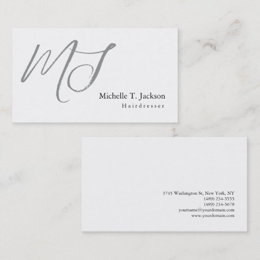 Carte De Visite Moderne Design Monogram Grey Coiffeur blanc (Devant / Derrière)