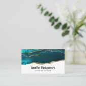Carte De Visite Moderne Design Turquoise & Or Agate sur blanc (Debout devant)