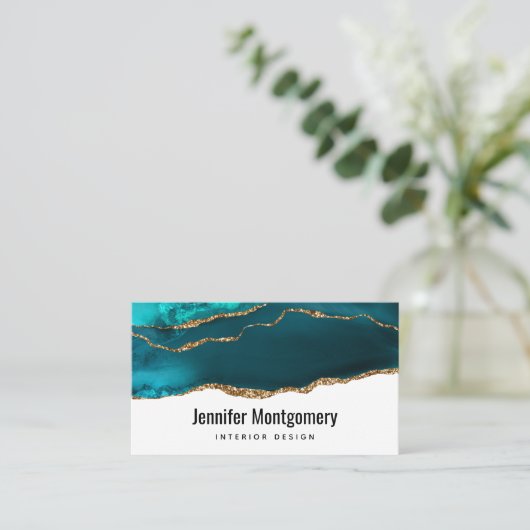 Carte De Visite Moderne Design Turquoise & Or Agate sur blanc (Debout devant)