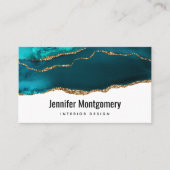 Carte De Visite Moderne Design Turquoise & Or Agate sur blanc (Devant)