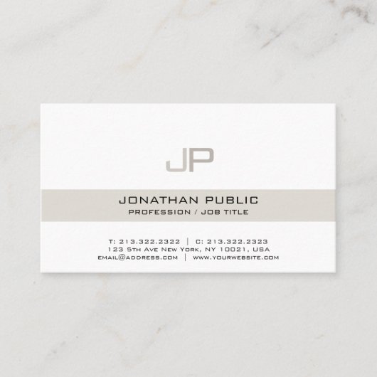 Carte De Visite Moderne Elégant Beige Blanc Chic Monogramme (Devant)