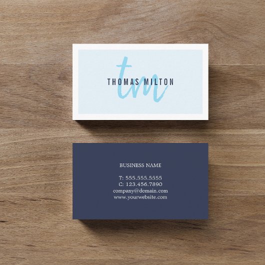 Carte De Visite Moderne Elegant Bleu Blanc Monogramme Consultant