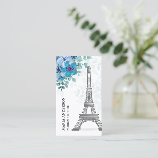Carte De Visite Moderne Elégant Bleu Chic Floral Paris Tour Eiffel (Debout devant)