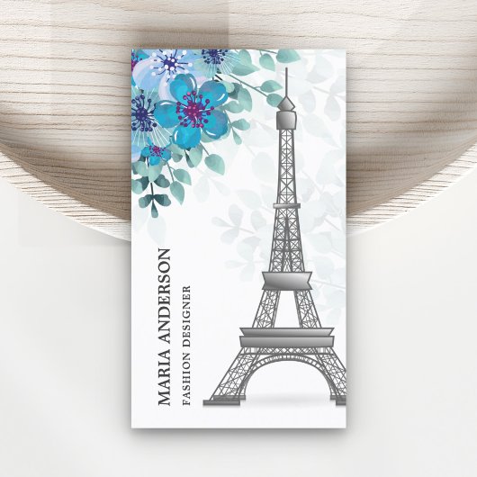 Carte De Visite Moderne Elégant Bleu Chic Floral Paris Tour Eiffel
