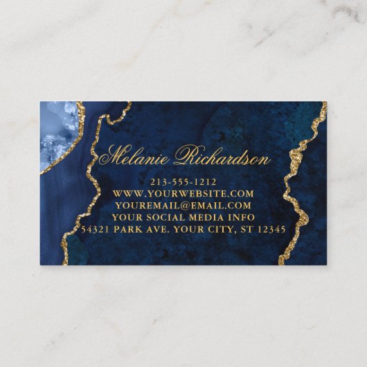 Carte De Visite Moderne Elégant Bleu Marbre Agate Géode Or (Dos)