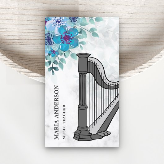 Carte De Visite Moderne Elegant Chic Blue Floral Harp professeur d