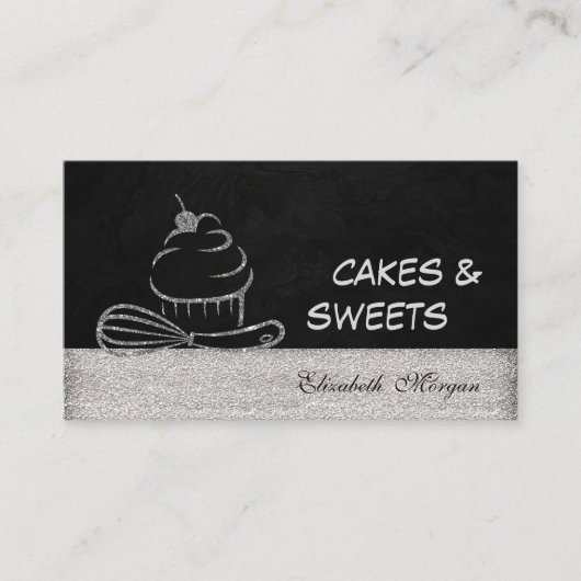 Carte De Visite Moderne Élégant élégant Silver Glittery Cupcake (Devant)