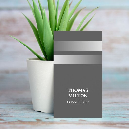 Carte De Visite Moderne Elegant Gris Faux Argent Stripes Consultan