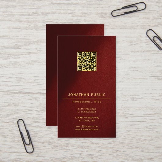 Carte De Visite Moderne Élégant Modèle de Code QR Texte Or Vertica (Devant/Arrière en situation)
