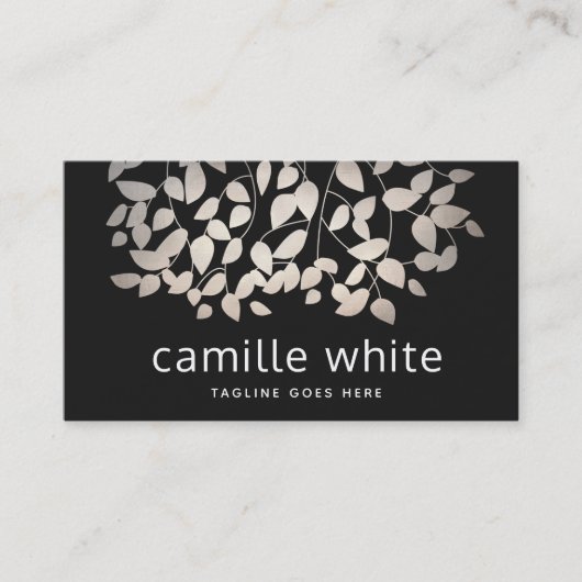 Carte De Visite Moderne Elegant Pewer Feuille argent noir (Devant)