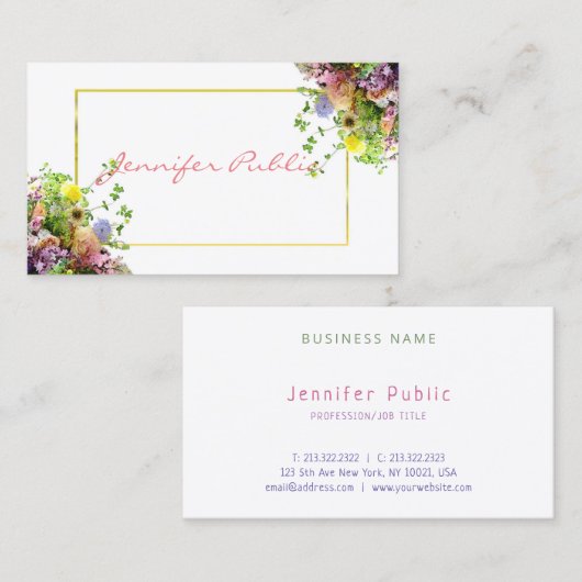 Carte De Visite Moderne Élégant Script Modèle Aquarelle Fleurs (Devant / Derrière)