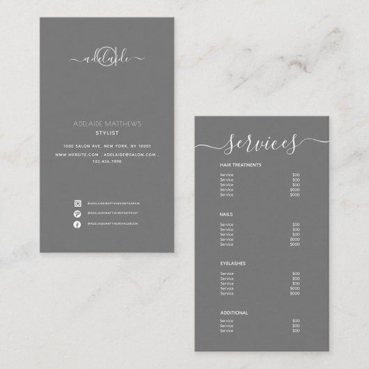 Carte De Visite Moderne Elégant Simple Gris Spa Salon Menu Service (Devant / Derrière)