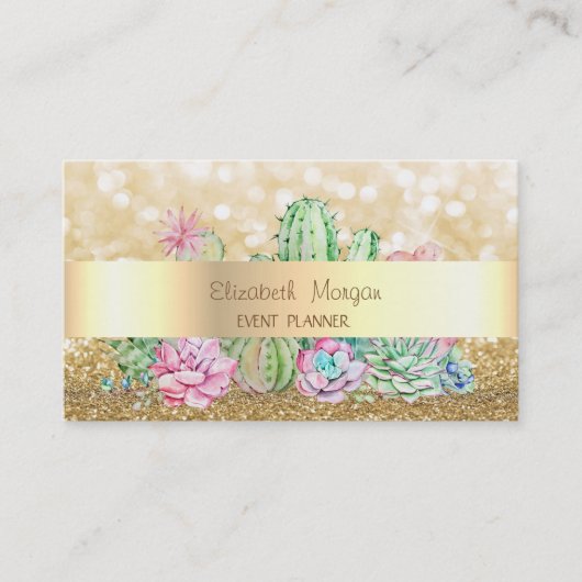 Carte De Visite Moderne Élégante Glitterie, Bokeh, Cactus (Devant)