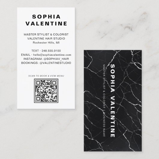 Carte de visite moderne en marbre noir avec code Q (Devant / Derrière)