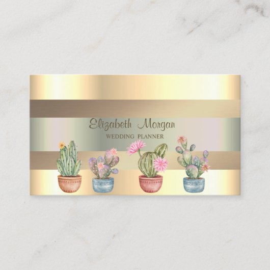 Carte De Visite Moderne Faux Gold Stripes Succulents (Devant)