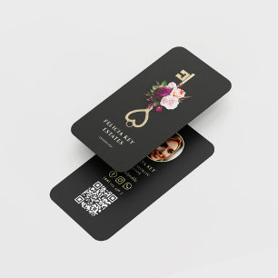 Carte De Visite Moderne Floral Key Realtor Immobilier Black Gold