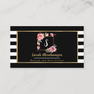 Carte De Visite Moderne floral rayé noir et blanc