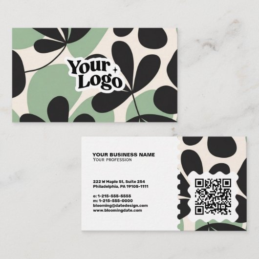 Carte de visite moderne florale – Code QR et logo (Devant / Derrière)