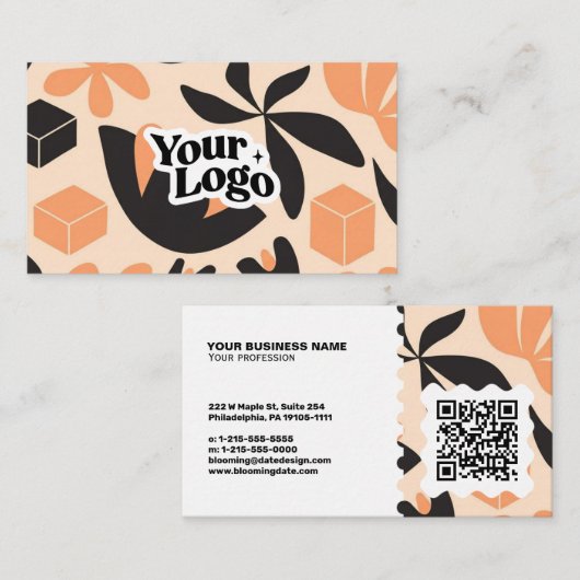 Carte de visite moderne florale – Code QR et logo (Devant / Derrière)