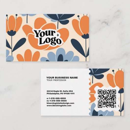 Carte de visite moderne florale – Code QR et logo (Devant / Derrière)