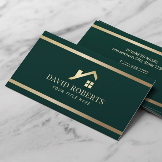 Carte De Visite Moderne Gold House Réaltor immobilier Dark Green