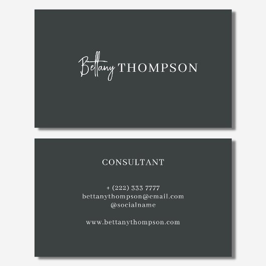Carte De Visite Moderne Gris Charbon & Script Monogramme Chic
