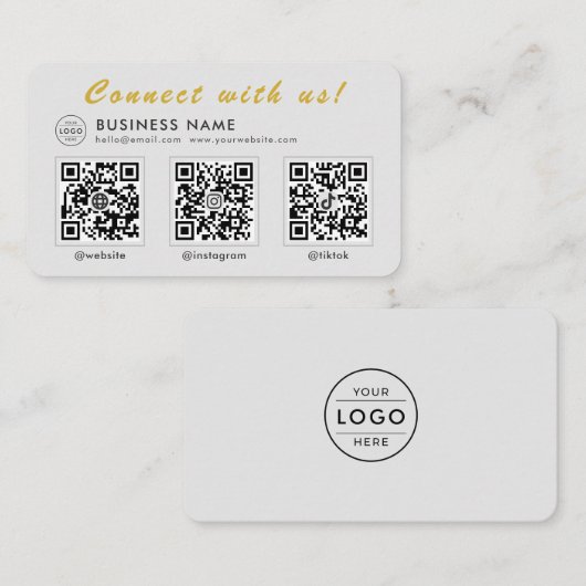 Carte De Visite Moderne Gris Or 3 Code QR Multi Réseaux Sociaux (Devant / Derrière)