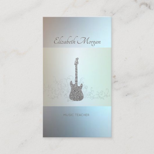 Carte De Visite Moderne, Guitare Parties scintillant Argent, Profe (Devant)