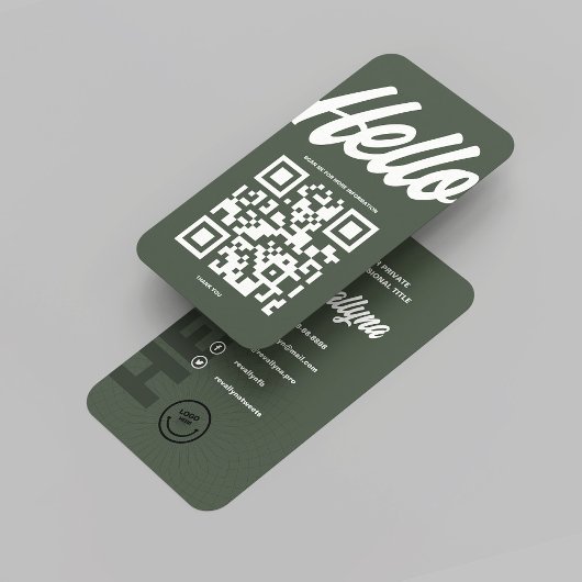 CARTE DE VISITE MODERNE HELLO MONOGRAM LOGO MOSS GREEN QR CODE