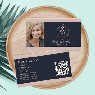 Carte De Visite Moderne Immobilier Professionnel Marine Blush QR C