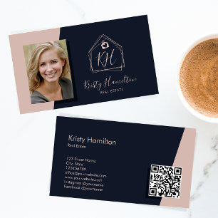 Carte De Visite Moderne Immobilier Professionnel Marine Blush QR C