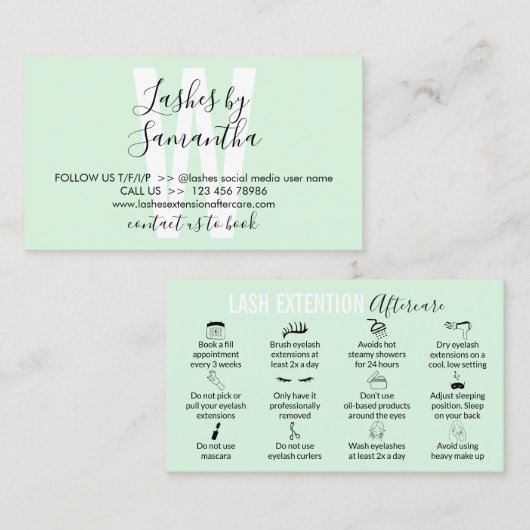 Carte De Visite Moderne Lash Extension Instructions pour les soins (Devant / Derrière)