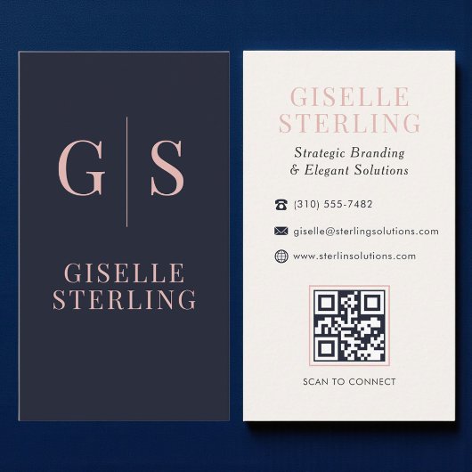 Carte de visite moderne luxe Navy et rose QR Code