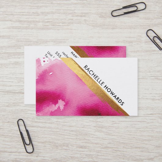 Carte De Visite MODERNE MINIMAL ANGLE rose aquarelle or brosse (Devant/Arrière en situation)