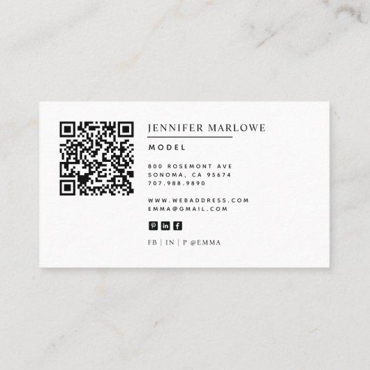 Carte De Visite Moderne Minimale Simple Photo QR Code Médias socia (Dos)