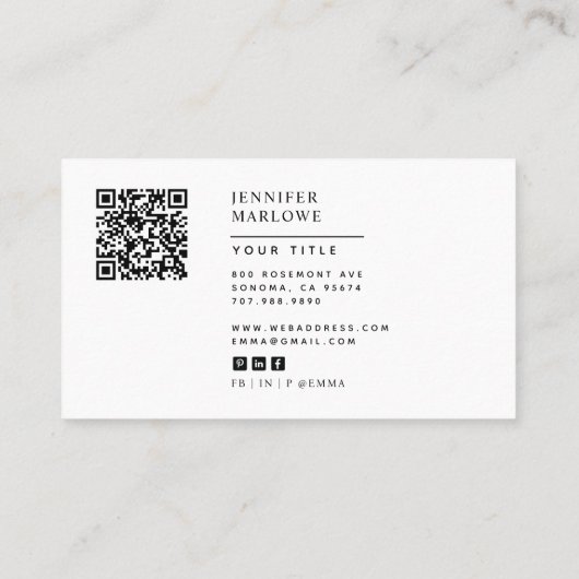 Carte De Visite Moderne Minimale Simple Photo QR Code Médias socia (Dos)