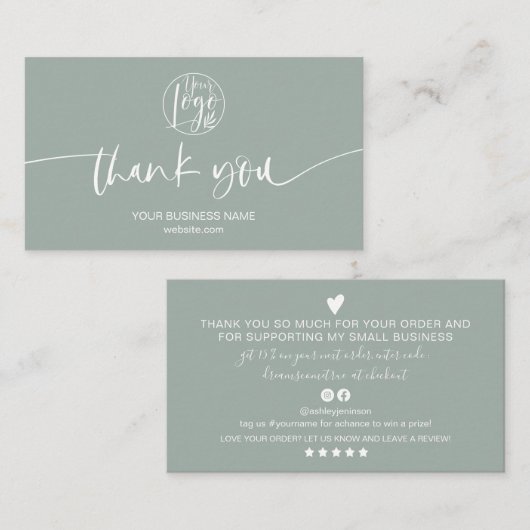 Carte De Visite Moderne minimum sauge vert script ordre merci (Devant / Derrière)