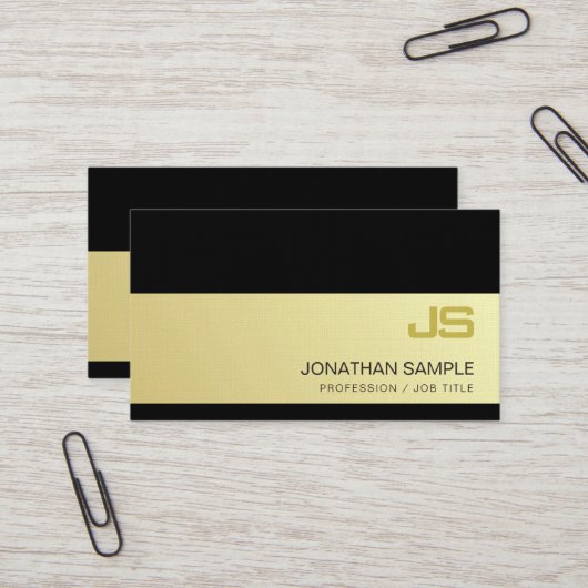 Carte De Visite Moderne Monogramme Chic Black Gold Plain Luxe (Devant/Arrière en situation)