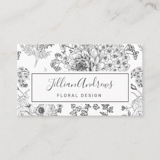 Carte De Visite Moderne noir blanc Rose Floral Design Professionne (Devant)