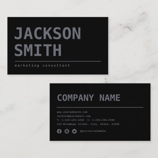 Carte De Visite Moderne Noir simple (Devant / Derrière)