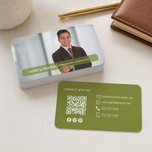 Carte de visite Moderne QR Code Photo Vert Olive