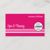 Carte De Visite Moderne rose blanc rayures chic avec logo et photo (Devant)