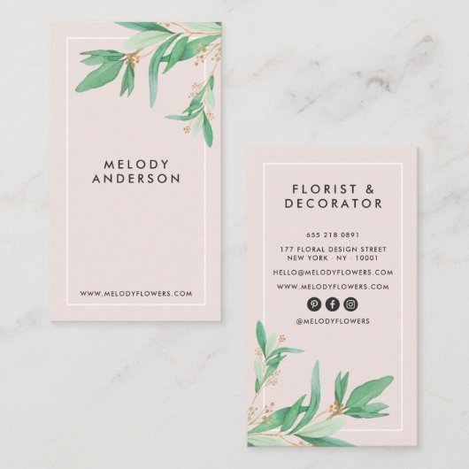 Carte De Visite Moderne rose vif élégant vert botanique élégant mi (Devant / Derrière)