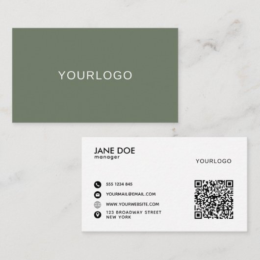 Carte De Visite Moderne Sage Green Professional avec code QR (Devant / Derrière)