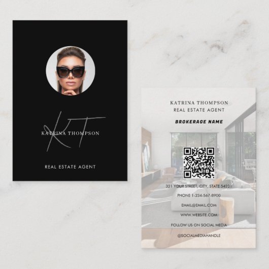 Carte De Visite Moderne Script Real Estate Photo Realtor QR Code (Devant / Derrière)
