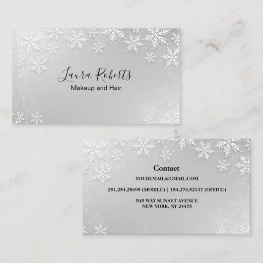 Carte de visite moderne Silver Winter Snowflakes (Devant / Derrière)