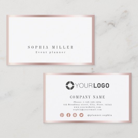 Carte De Visite Moderne simple rose frontière or professionnel (Devant / Derrière)