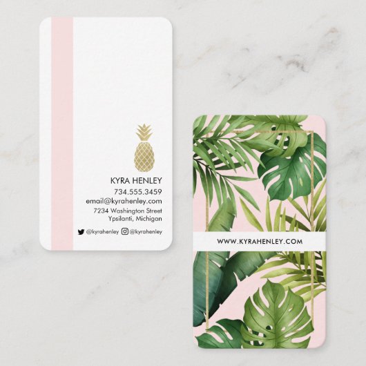 Carte De Visite Moderne Simple Tropical Feuille Ananas Rose Vert (Devant / Derrière)