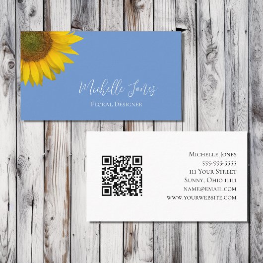 Carte De Visite Moderne Sunflower QR code Bleu Botanique